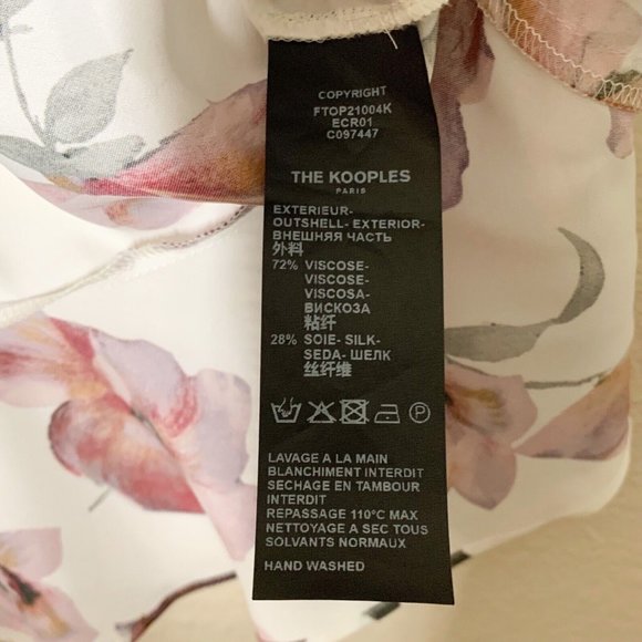 The Kooples Printed Ecru Top 1 Small Floral Motif Peplum Gathered Puff Sleeves - Picture 5 of 7